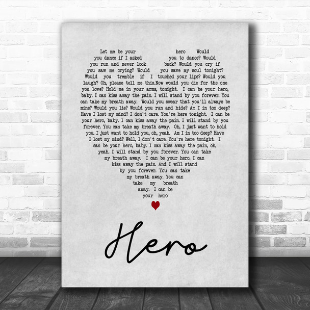 Hero Enrique Iglesias Grey Heart Song Lyric Music Wall Art Print