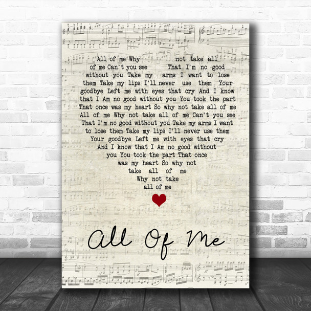 Willie Nelson All Of Me Script Heart Song Lyric Wall Art Print