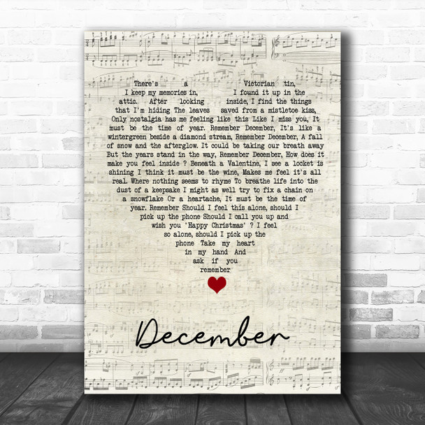 All About Eve December Script Heart Song Lyric Wall Art Print