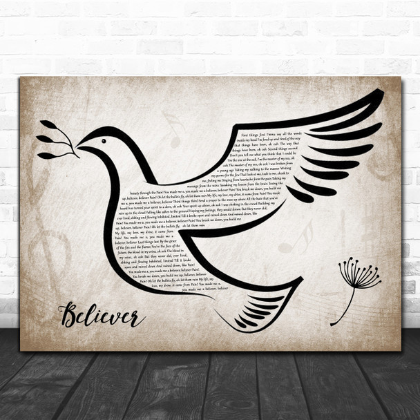 Imagine Dragons Believer Vintage Dove Bird Song Lyric Wall Art Print