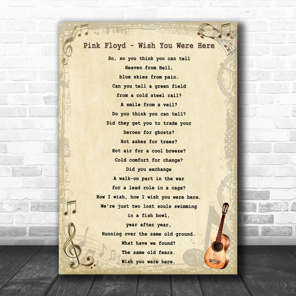 Pink Floyd Wish You Were Here Vintage Guitar Song Lyric Wall Art Print