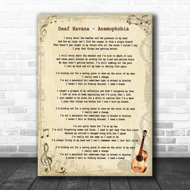 Deaf Havana Anemophobia Vintage Guitar Song Lyric Wall Art Print