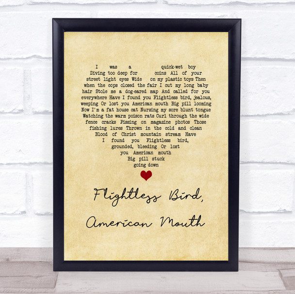 Iron & Wine Flightless Bird, American Mouth Vintage Heart Song Lyric Wall Art Print