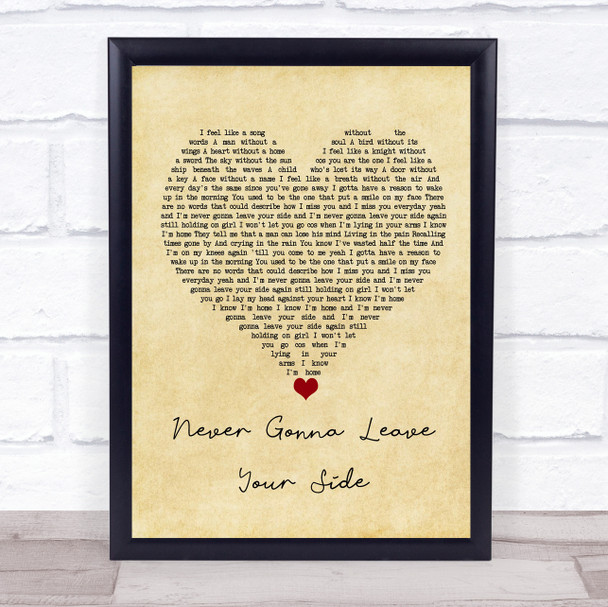 Daniel Bedingfield Never Gonna Leave Your Side Vintage Heart Song Lyric Wall Art Print