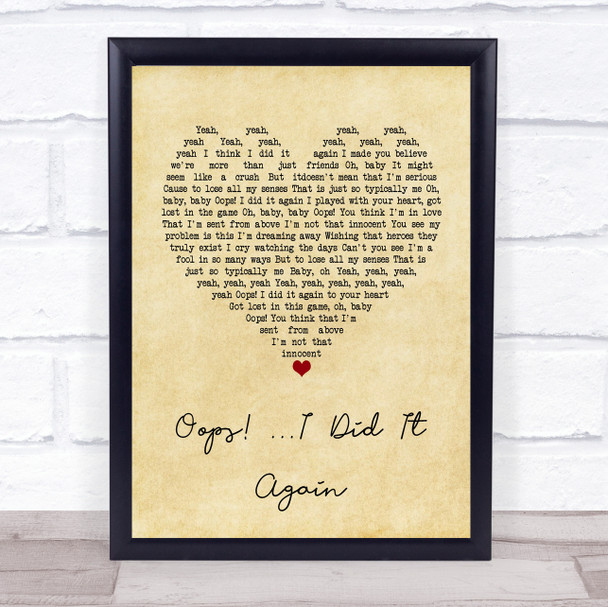 Britney Spears Oops! ...I Did It Again Vintage Heart Song Lyric Wall Art Print