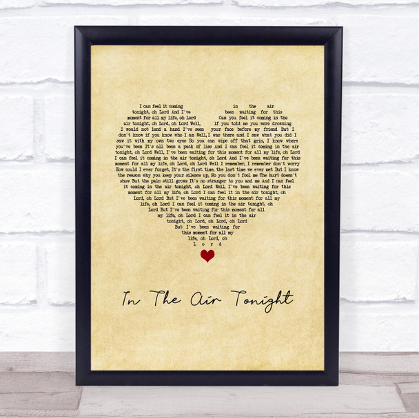 Phil Collins In The Air Tonight Vintage Heart Song Lyric Wall Art Print