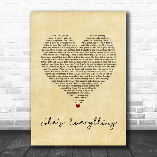 Brad Paisley She's Everything Vintage Heart Song Lyric Wall Art Print