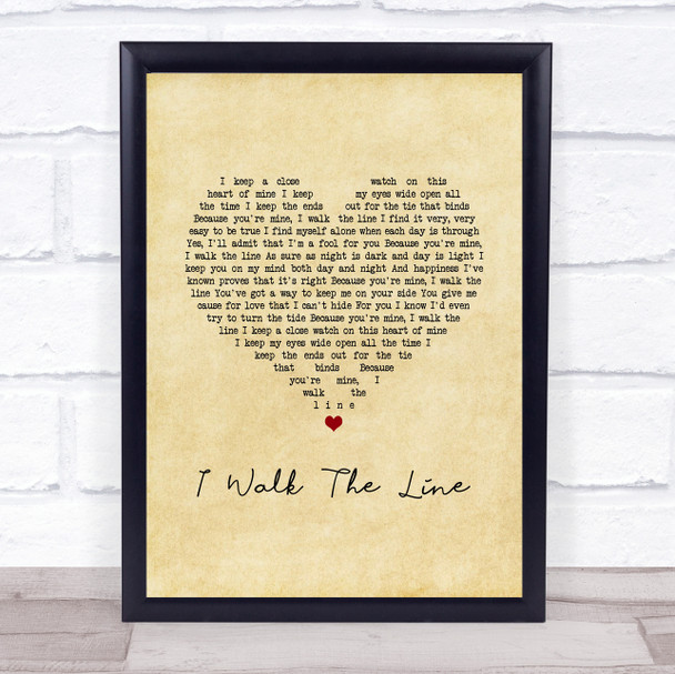 Johnny Cash I Walk The Line Vintage Heart Song Lyric Wall Art Print