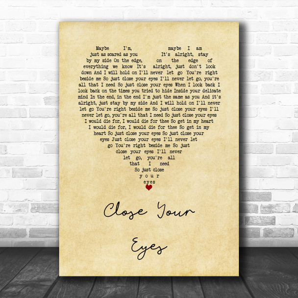 Rhodes Close Your Eyes Vintage Heart Song Lyric Wall Art Print