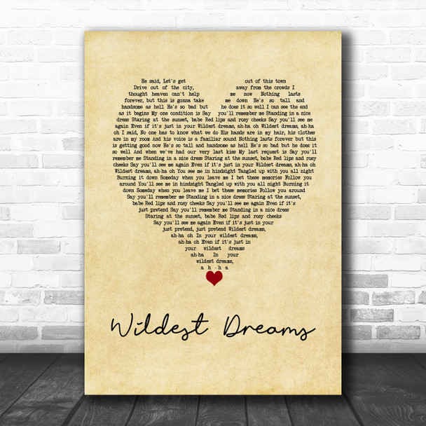 Taylor Swift Wildest Dreams Vintage Heart Song Lyric Wall Art Print