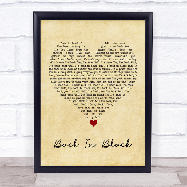 AC DC Back In Black Vintage Heart Song Lyric Wall Art Print