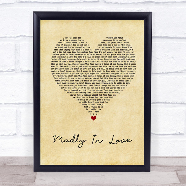 Bros Madly In Love Vintage Heart Song Lyric Wall Art Print