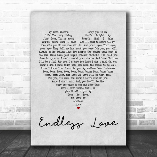 Lionel Richie & Mariah Carey Endless Love Grey Heart Song Lyric Music Wall Art Print