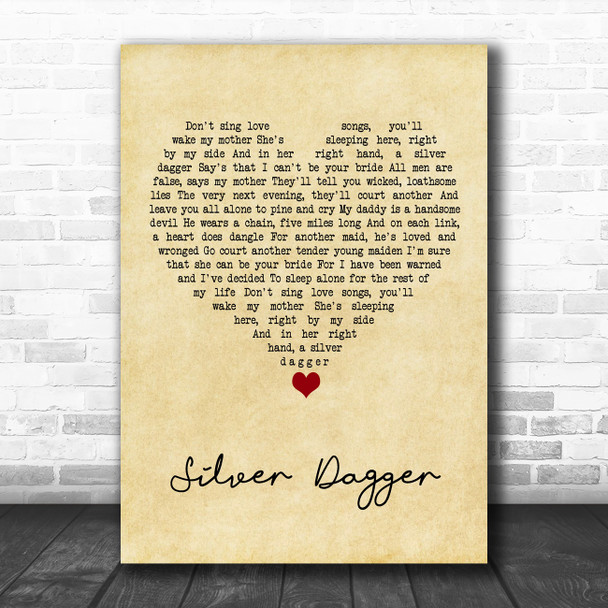 The Men They Couldn't Hang Silver Dagger Vintage Heart Song Lyric Wall Art Print