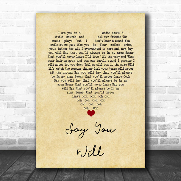 Hearts & Colors Say You Will Vintage Heart Song Lyric Wall Art Print