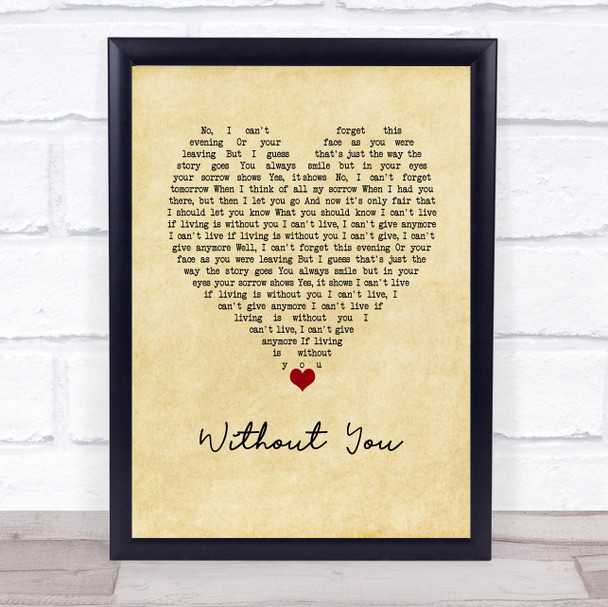 Harry Nilsson Without You Vintage Heart Song Lyric Wall Art Print