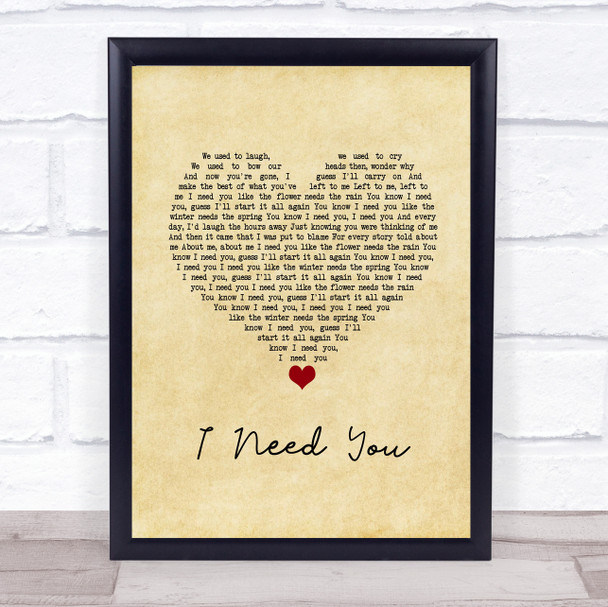 America I Need You Vintage Heart Song Lyric Wall Art Print