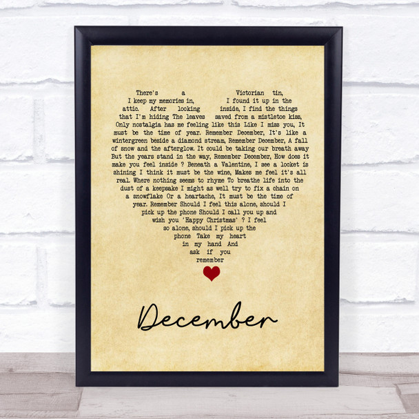 All About Eve December Vintage Heart Song Lyric Wall Art Print