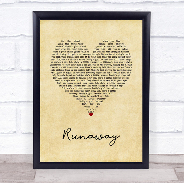 Bon Jovi Runaway Vintage Heart Song Lyric Wall Art Print