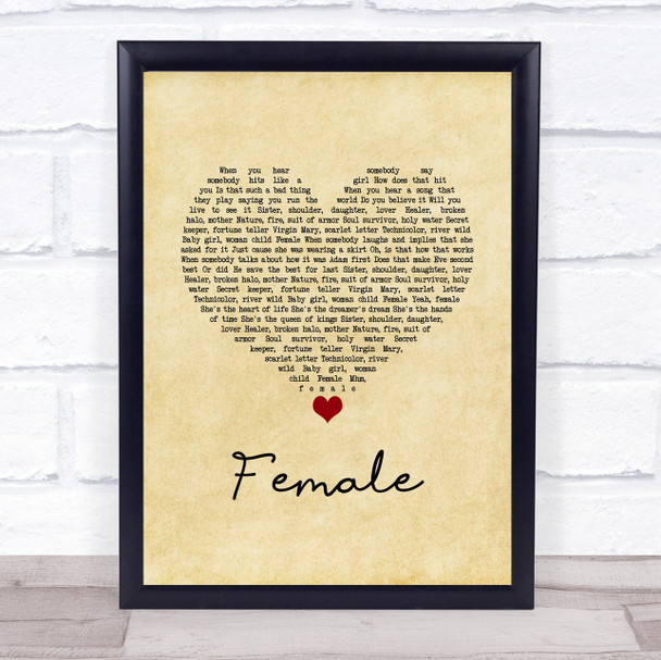 Keith Urban Female Vintage Heart Song Lyric Wall Art Print