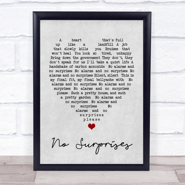 No Surprises Radiohead Grey Heart Song Lyric Music Wall Art Print