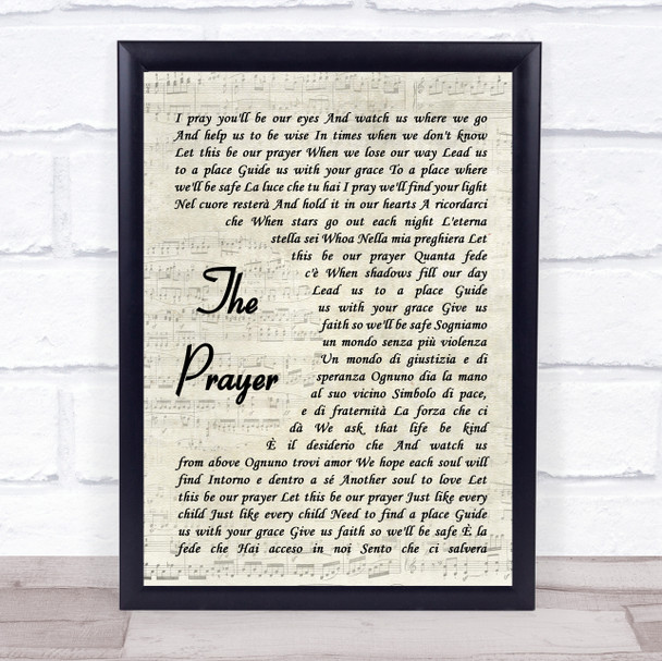 Celine Dion & Andrea Bocelli The Prayer Vintage Script Song Lyric Wall Art Print