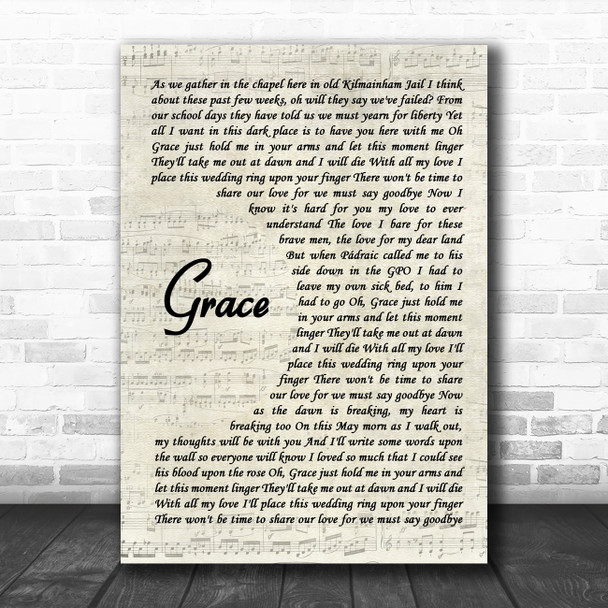 The Wolfe Tones Grace Vintage Script Song Lyric Wall Art Print