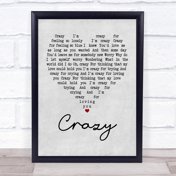 Patsy Cline Crazy Grey Heart Song Lyric Music Wall Art Print