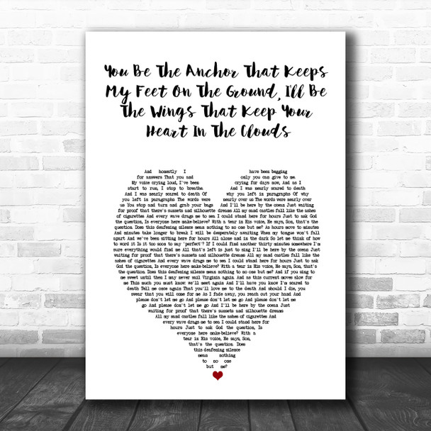 Mayday Parade You Be The Anchor That Keeps My Feet On The Ground, White Heart Song Lyric Wall Art Print