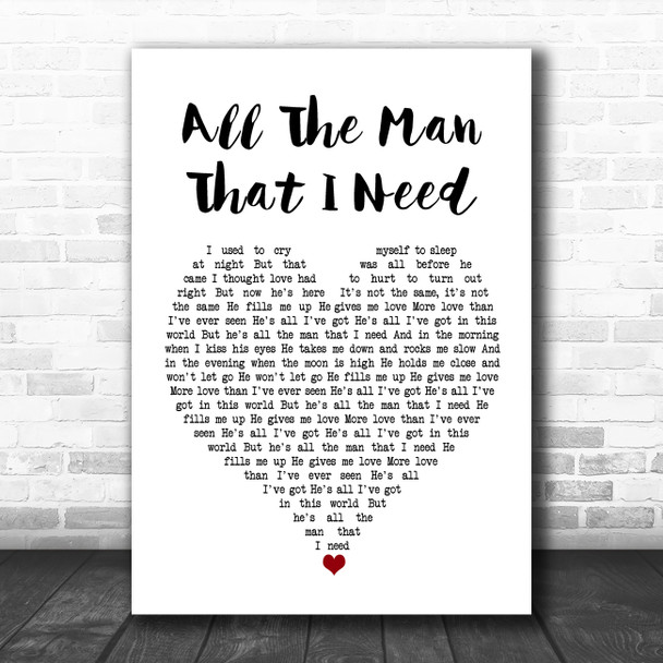 Whitney Houston All The Man That I Need White Heart Song Lyric Wall Art Print