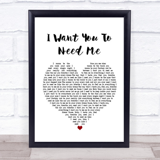 Celine Dion I Want You To Need Me White Heart Song Lyric Wall Art Print