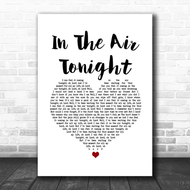 Phil Collins In The Air Tonight White Heart Song Lyric Wall Art Print