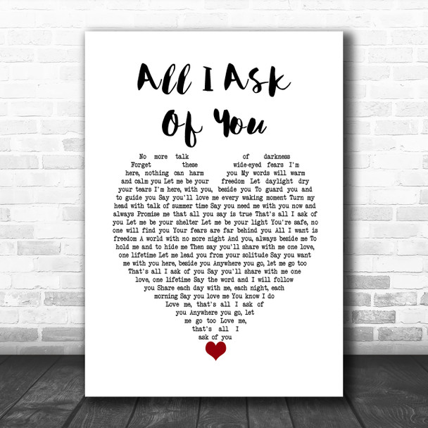 Josh Groban All I Ask Of You White Heart Song Lyric Wall Art Print