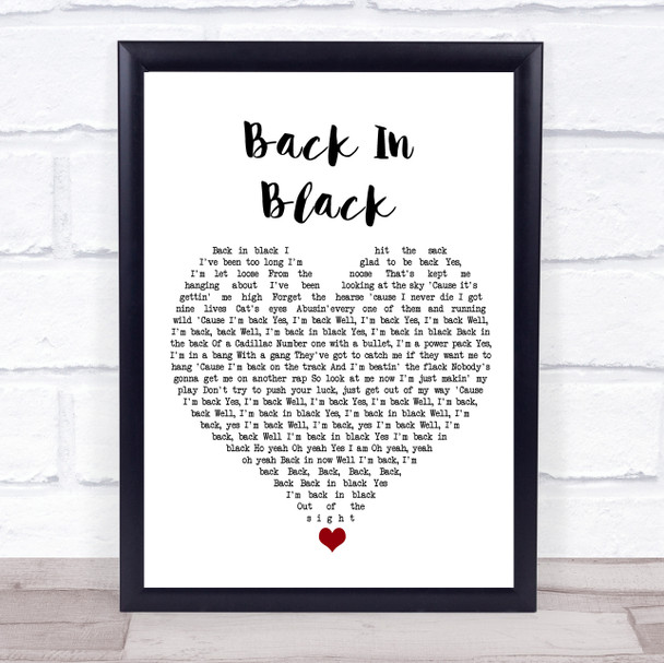 AC DC Back In Black White Heart Song Lyric Wall Art Print