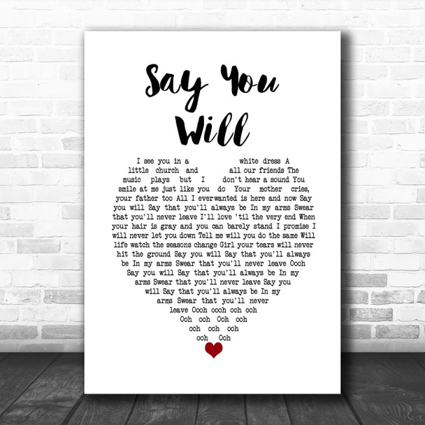 Hearts & Colors Say You Will White Heart Song Lyric Wall Art Print
