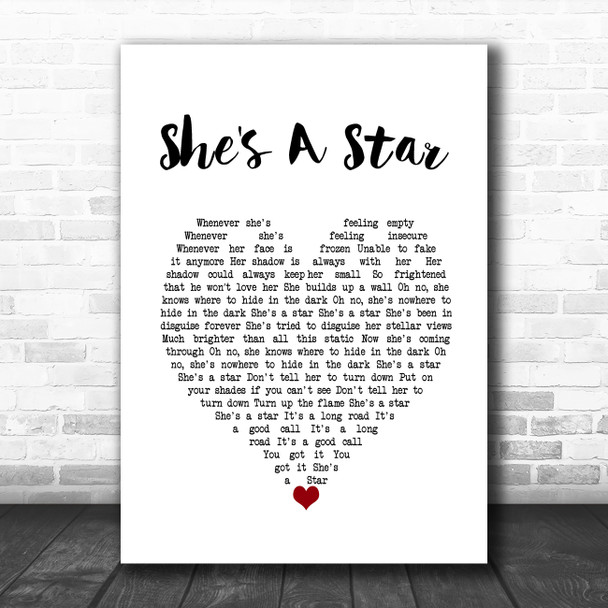 James She's A Star White Heart Song Lyric Wall Art Print