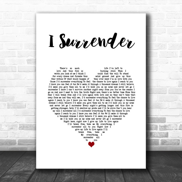 Celine Dion I Surrender White Heart Song Lyric Wall Art Print