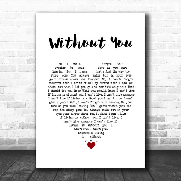 Harry Nilsson Without You White Heart Song Lyric Wall Art Print