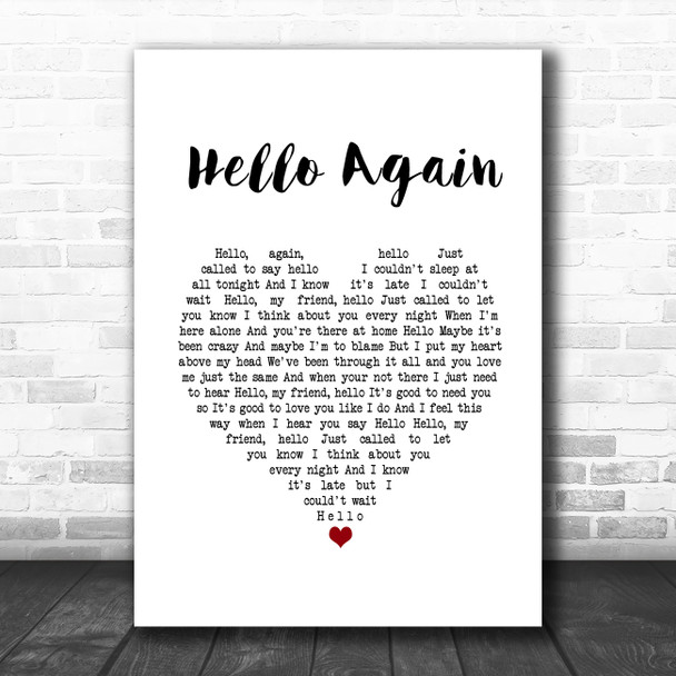 Neil Diamond Hello Again White Heart Song Lyric Wall Art Print