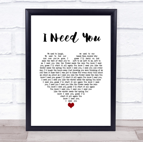 America I Need You White Heart Song Lyric Wall Art Print