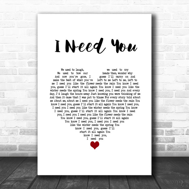 America I Need You White Heart Song Lyric Wall Art Print