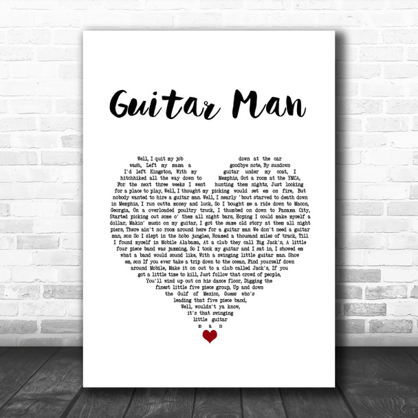 Elvis Presley Guitar Man White Heart Song Lyric Wall Art Print
