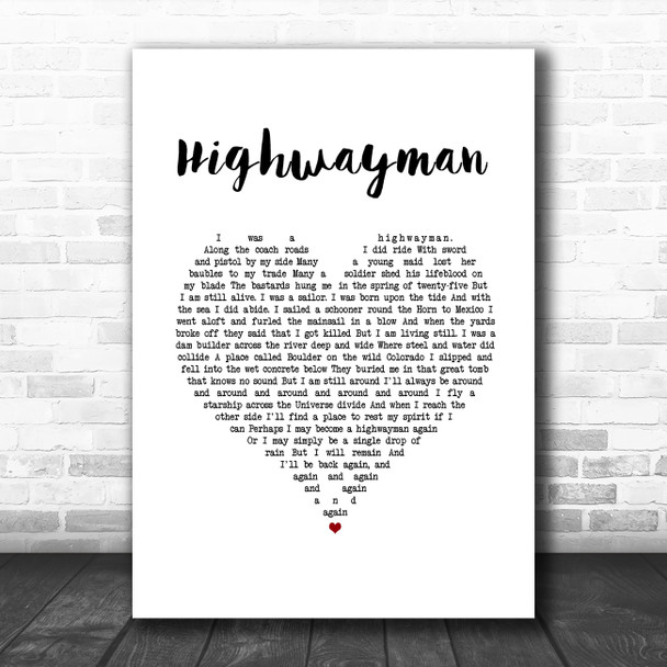 Johnny Cash Highwayman White Heart Song Lyric Wall Art Print
