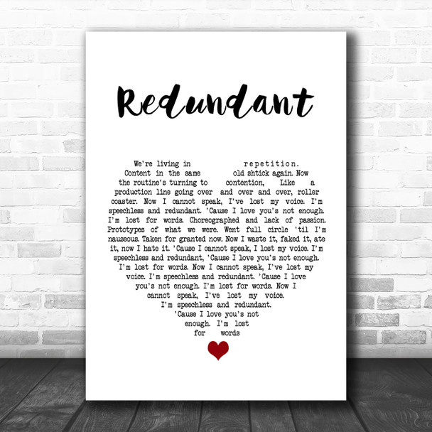 Green Day Redundant White Heart Song Lyric Wall Art Print