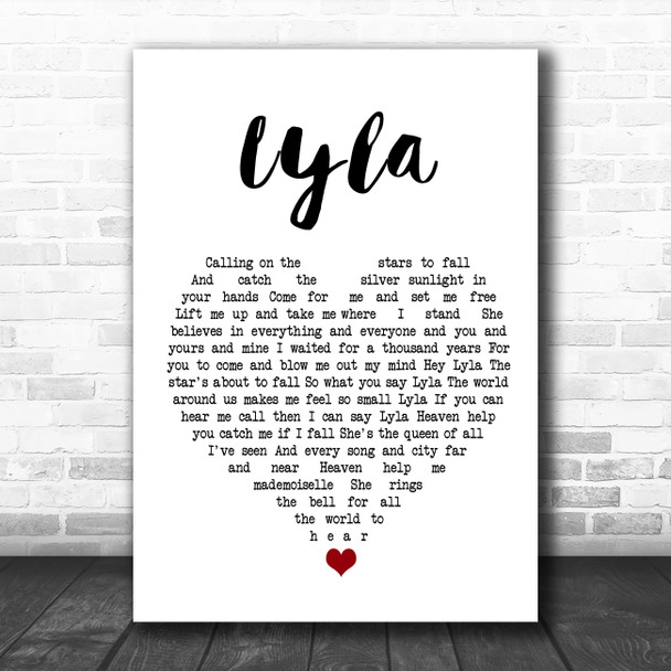 Oasis Lyla White Heart Song Lyric Wall Art Print