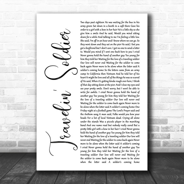 Dixie Chicks Travelin' Soldier White Script Song Lyric Wall Art Print