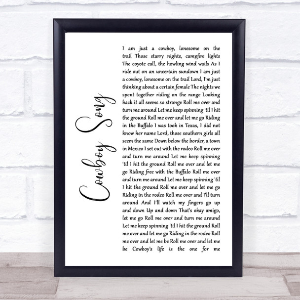 Thin Lizzy Cowboy Song White Script Song Lyric Wall Art Print