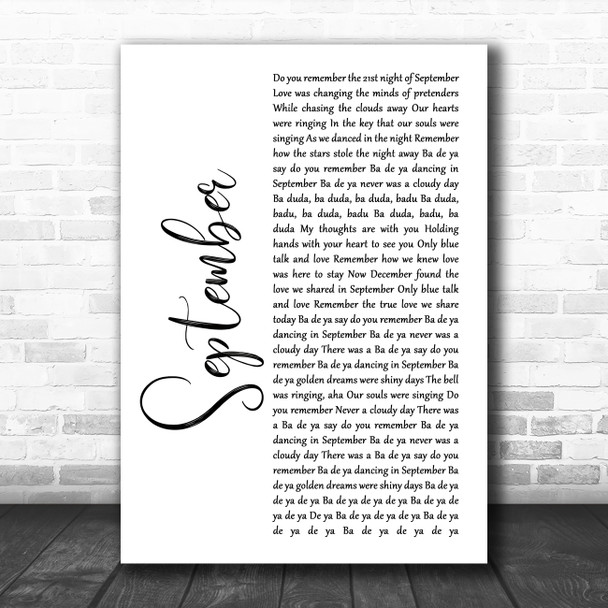 Earth, Wind And Fire September White Script Song Lyric Wall Art Print