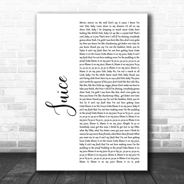 Lizzo Juice White Script Song Lyric Wall Art Print