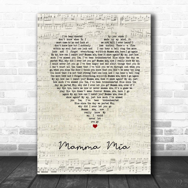 ABBA Mamma Mia Script Heart Song Lyric Print